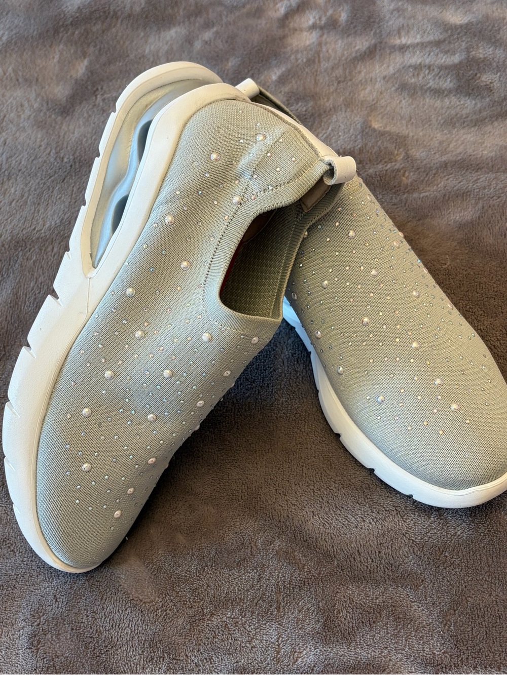 Knit Slip-On Sneakers with Pearl & Crystal Accents - Light Green